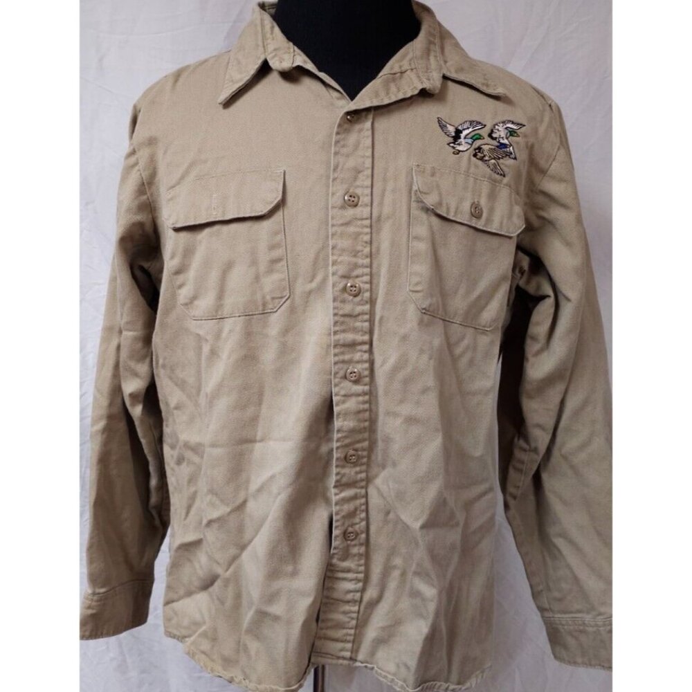 Camco Mens Large Long Tan Heavy Flame Resistance Embroidered Ducks Shirt USA